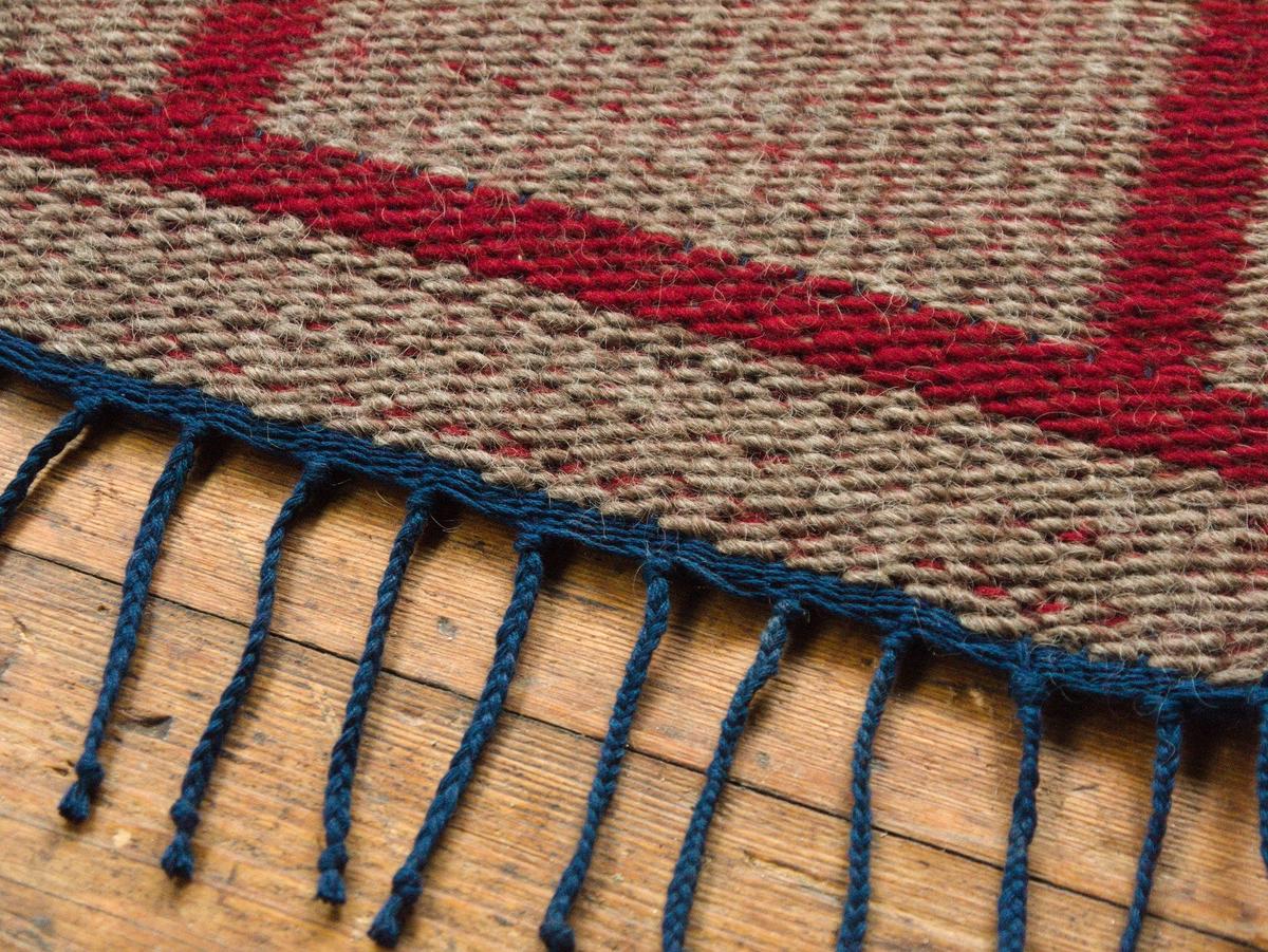 the finely braided warp fringe, darker than the body of the rug, as well as the plush texture of the densely-packed yarn.