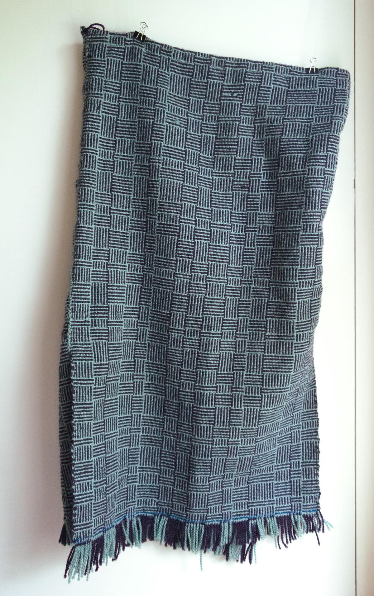 a rectangular skirt with small stripes in sea foam green and dark eggplant purple, hanging in front of a white wall.